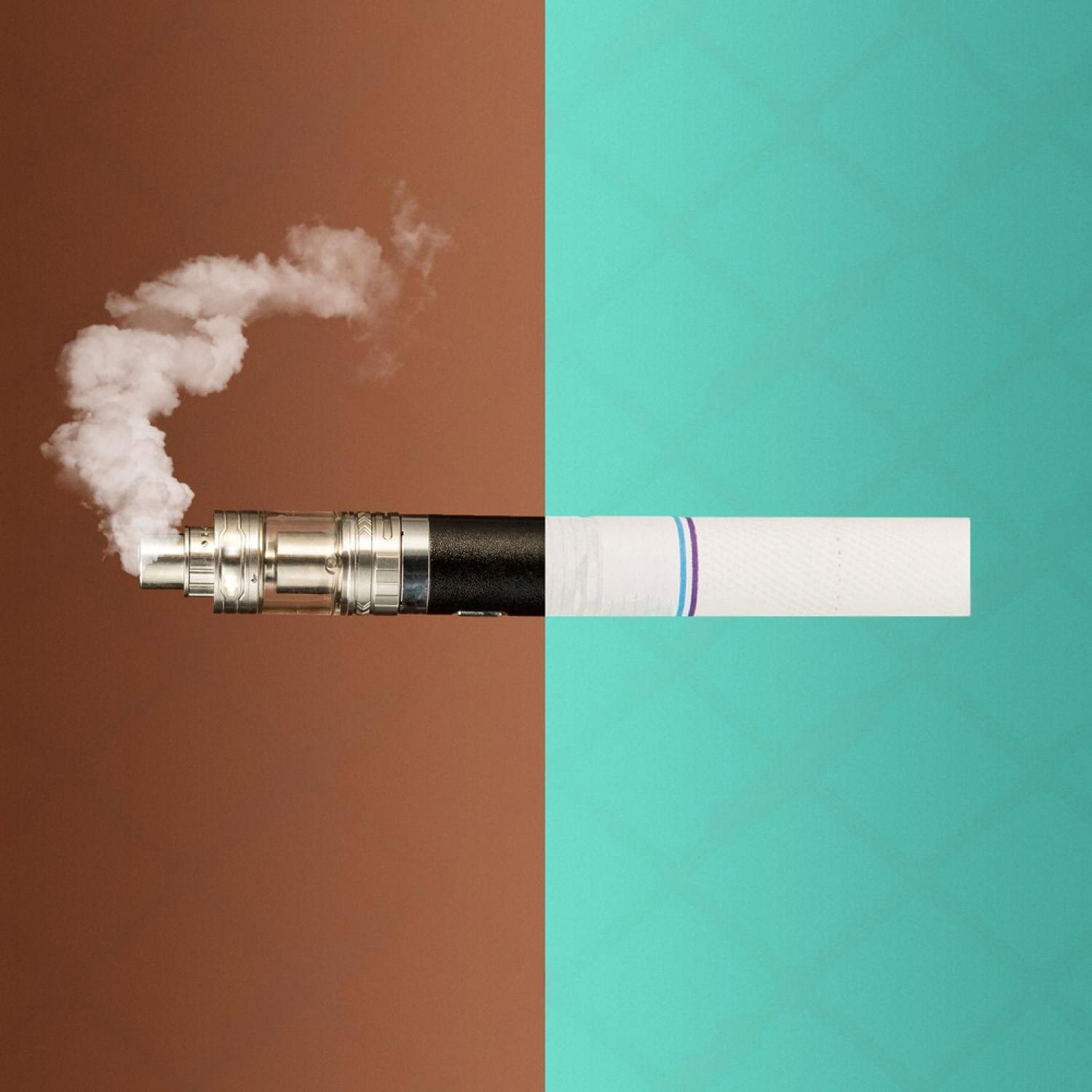 Split image comparing an electronic vape device with a traditional cigarette